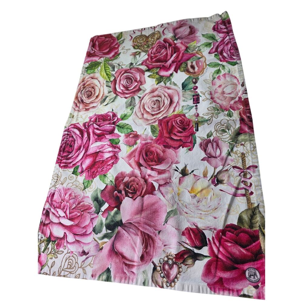 MICHEL DESIGN WORKS Pink Red Cotton Floral Rose Jewels Kitchen Towel Set of 2